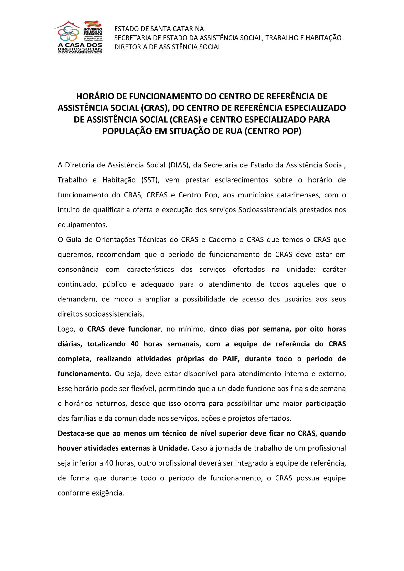 ESCLARECIMENTO HORÁRIOS CRAS CREAS E CENTRO POP 1